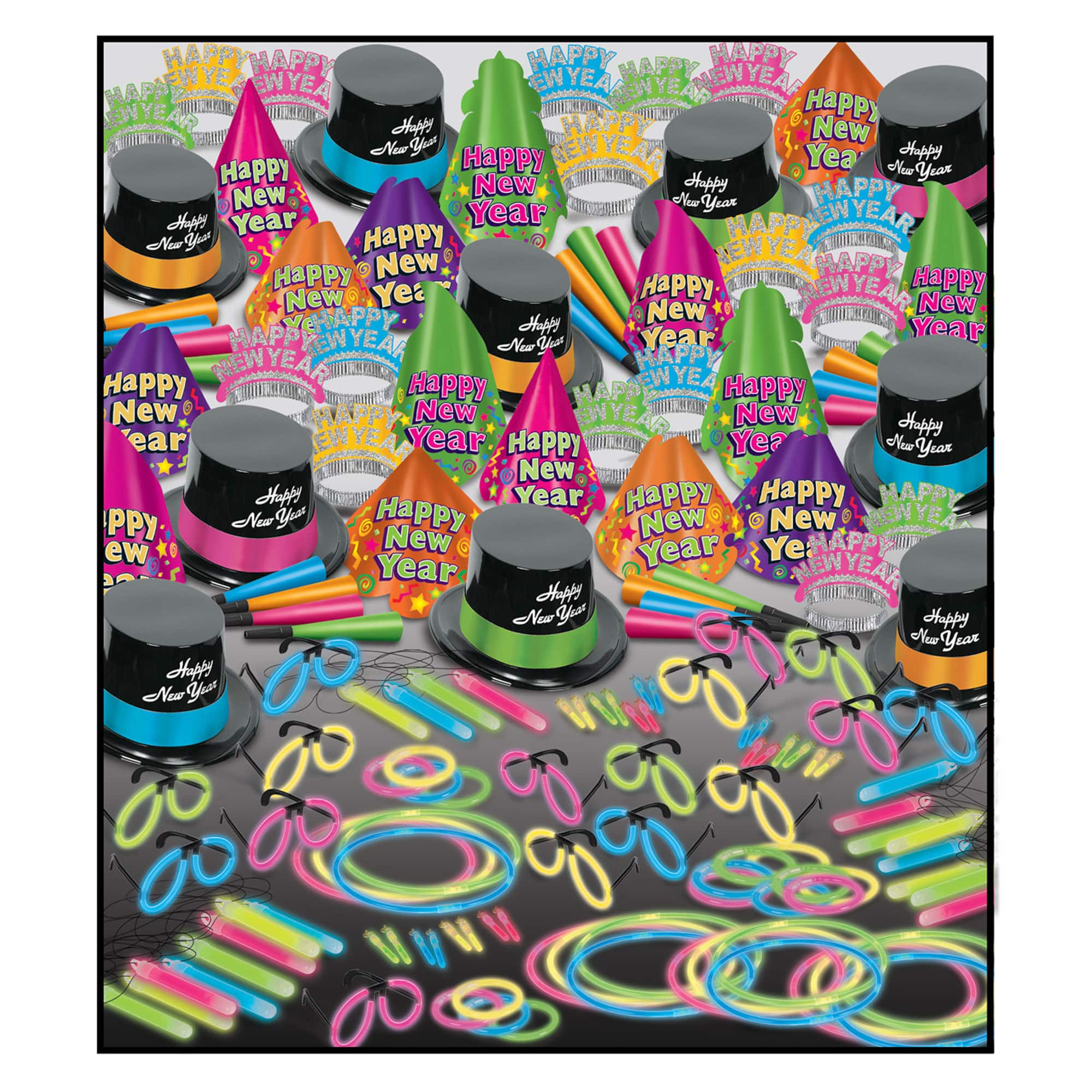 Beistle Neon Glow New Year Super Bonanza Deluxe Party Favor Kit for 100